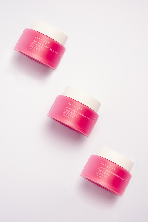 Three jars of Ellicity PDRN Pink Collagen Capsule Cream displayed on a clean white surface.