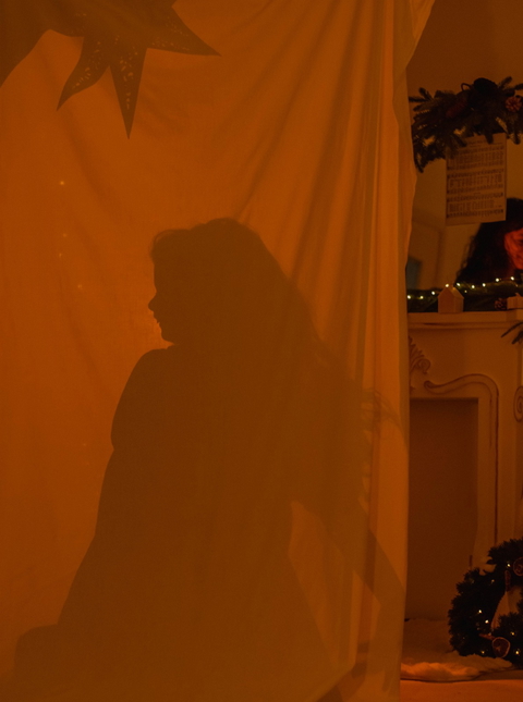 A shadowed silhouette of a girl is cast in warm light, evoking a mysterious and intimate atmosphere.