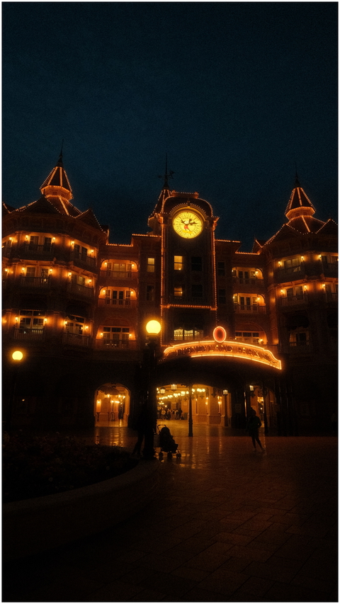 A warmly lit building with a clock tower welcomes guests to Disneyland at night.